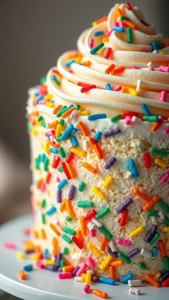 A close-up of a funfetti birthday cake topped with colorful sprinkles and frosting. zero birthday cake