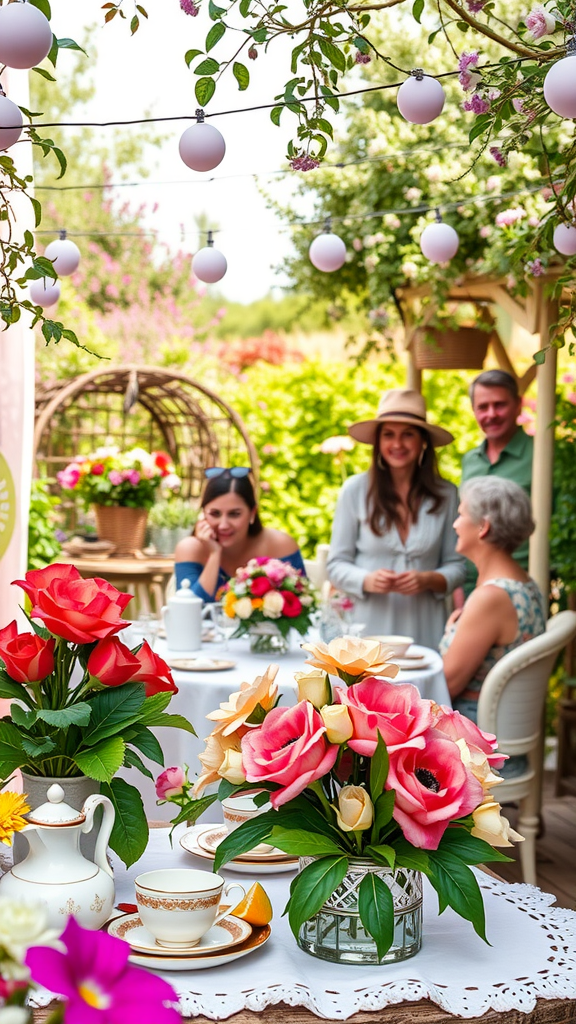 A garden tea party scene with floral arrangements, tea setup, and people enjoying each other's company.