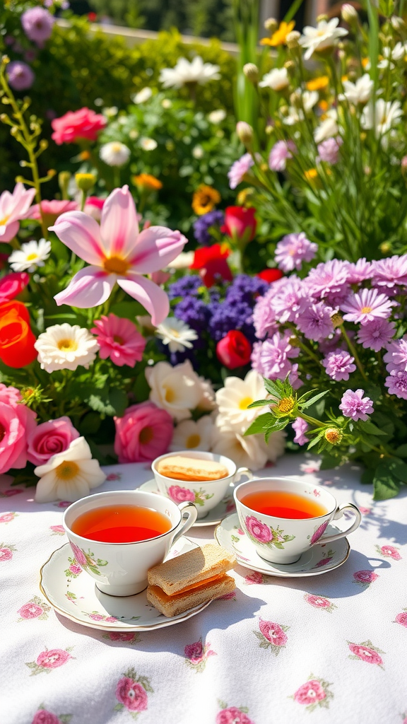 A garden tea gathering with floral background, featuring tea cups and light snacks.