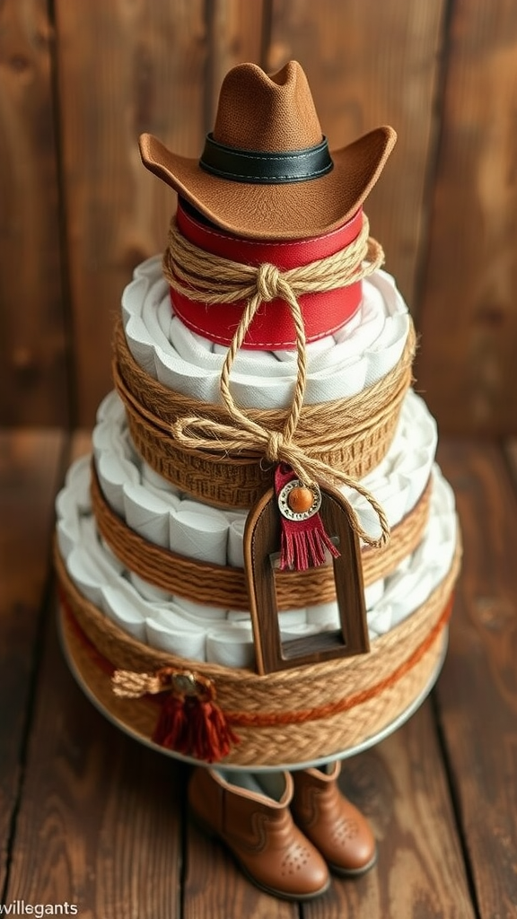 A cowboy-themed diaper cake featuring three tiers made of rolled diapers, adorned with twine, a cowboy hat, and wooden accents.