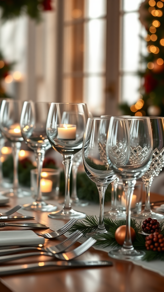 A beautifully set dining table with various glassware and candles, perfect for a festive occasion.