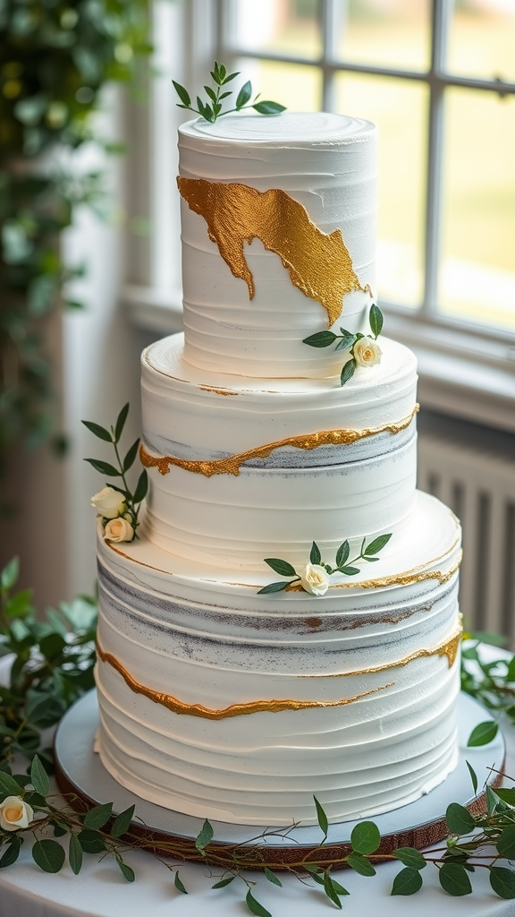 Three-tiered cake with gold leaf accents and greenery decoration