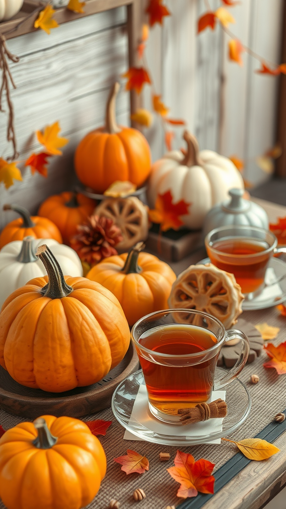 A cozy autumn tea setting featuring pumpkins, tea cups, and fall leaves.
