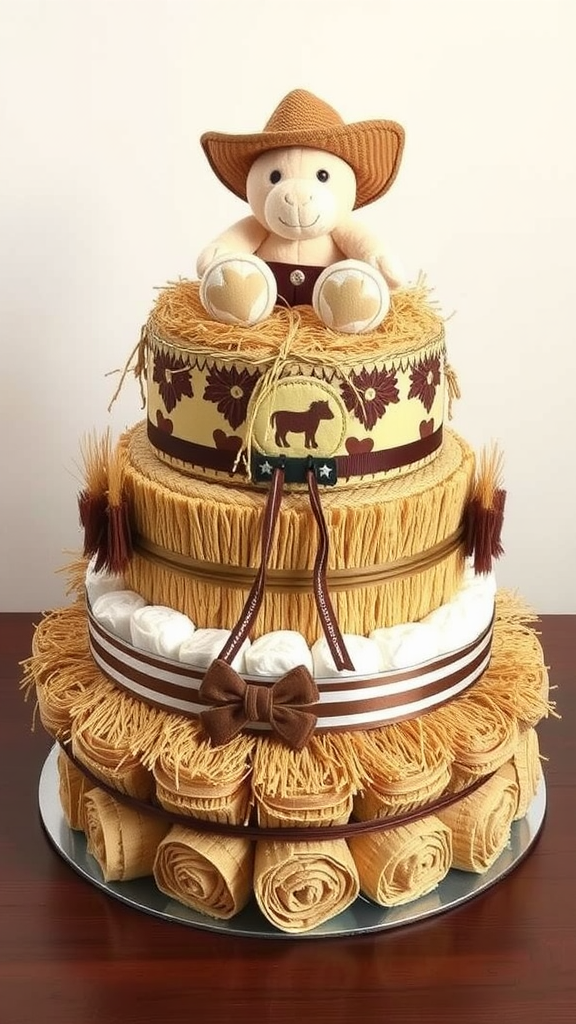 A diaper cake designed to look like hay bales, featuring a plush bear wearing a cowboy hat on top.