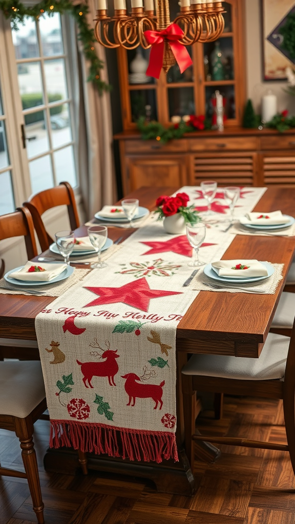 A beautifully set dining table with a holiday-themed table runner featuring reindeer and stars.