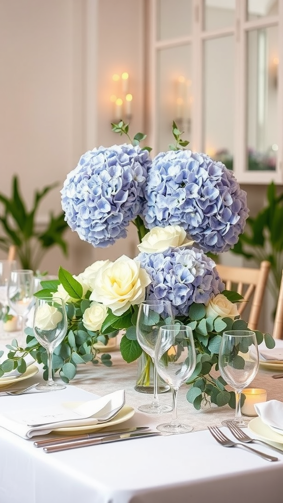 20 Stunning Hydrangea Bouquets for Every Occasion Beautiful wedding table setting with blue and white hydrangea flowers and eucalyptus