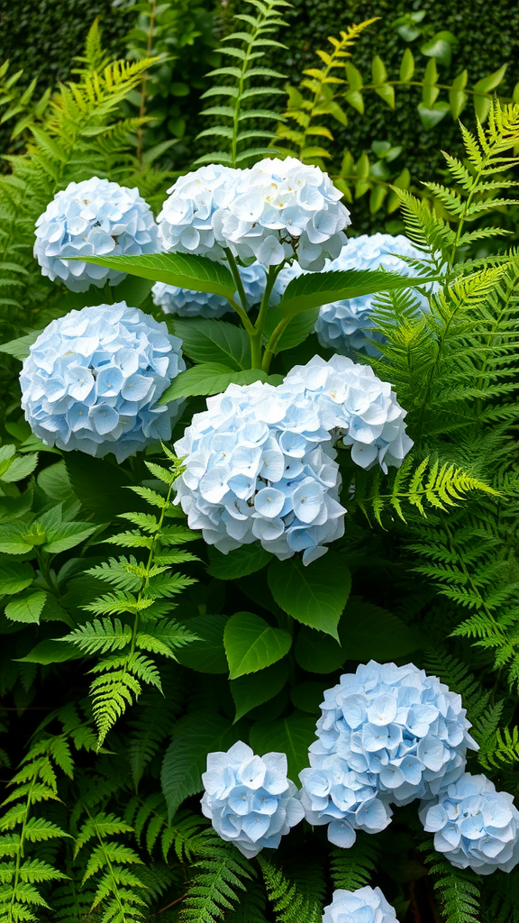 20 Stunning Hydrangea Bouquets for Every Occasion A beautiful arrangement of blue hydrangea flowers surrounded by lush green ferns.