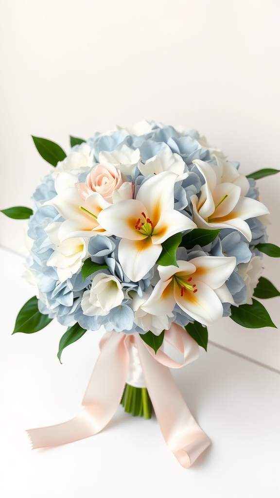 20 Stunning Hydrangea Bouquets for Every Occasion Wedding bouquet featuring blue and white hydrangeas and white lilies