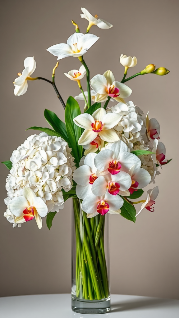 20 Stunning Hydrangea Bouquets for Every Occasion A beautiful arrangement of white hydrangeas and white orchids in a clear vase.