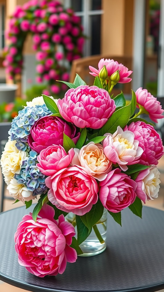 20 Stunning Hydrangea Bouquets for Every Occasion A vibrant floral arrangement featuring pink peonies and blue and white hydrangea.