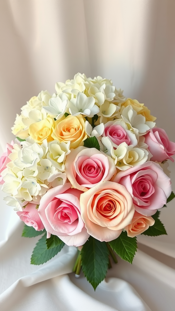 20 Stunning Hydrangea Bouquets for Every Occasion A bouquet featuring pink and yellow roses mixed with white and cream hydrangeas.