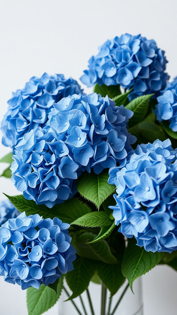 20 Stunning Hydrangea Bouquets for Every Occasion A close-up of vibrant blue hydrangea flowers with green leaves.