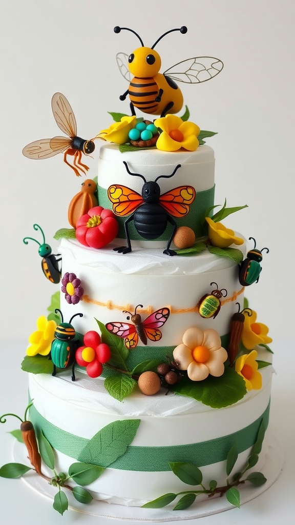 A colorful diaper cake decorated with insect figures, flowers, and leaves.