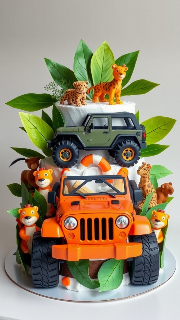 15 Creative Jeep-themed diaper cakes for Jeep Lovers A colorful diaper cake designed like a jeep, surrounded by jungle-themed animal figures and greenery.