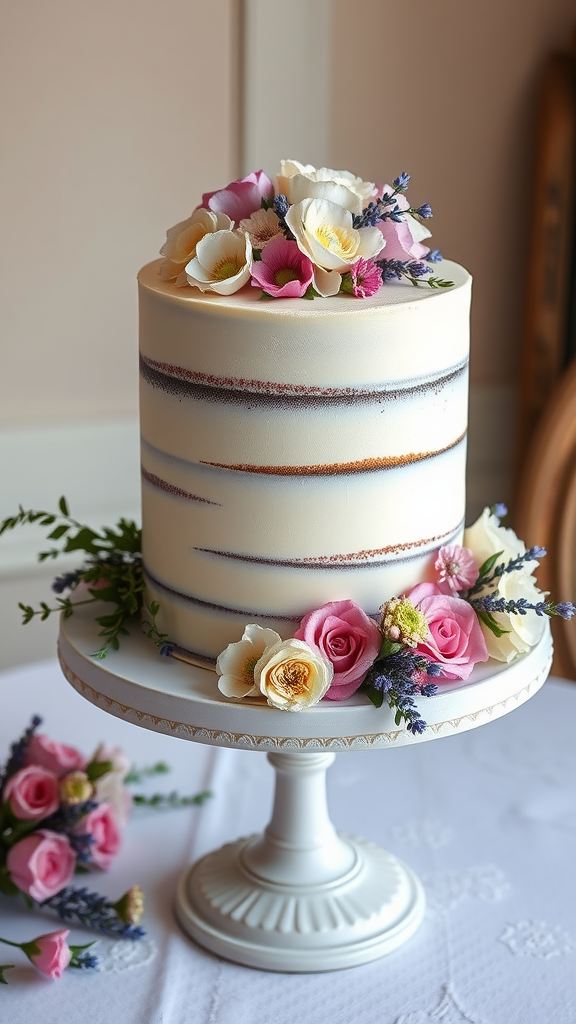 A beautifully decorated lavender wedding cake adorned with flowers on a cake stand.