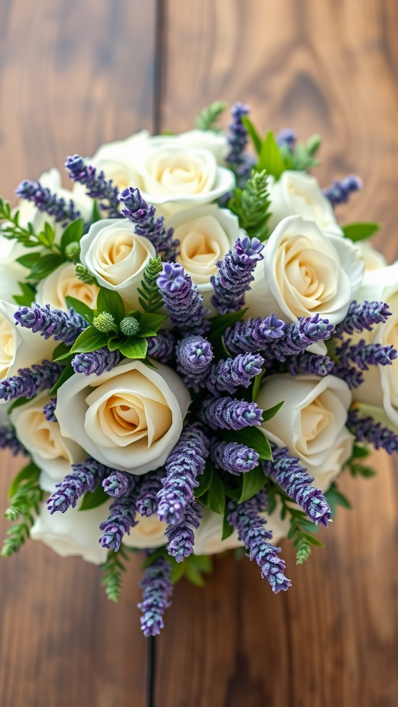 A beautiful bridal bouquet featuring lavender and white roses.