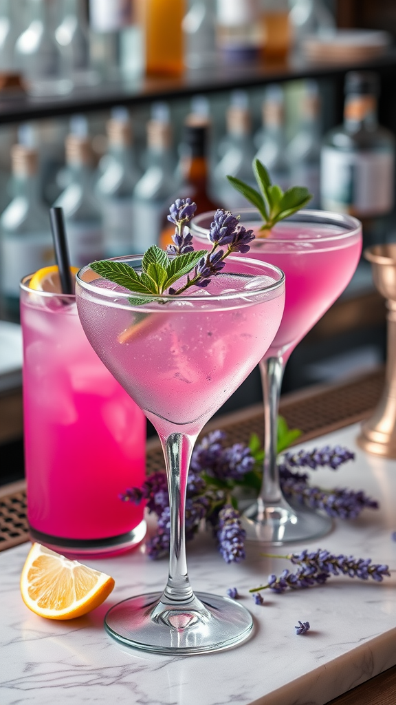 Lavender-themed cocktails with garnishes and lemon slices on a marble bar