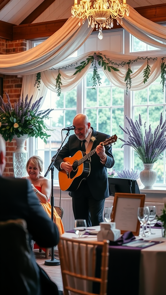 A musician performs at a lavender-themed wedding reception