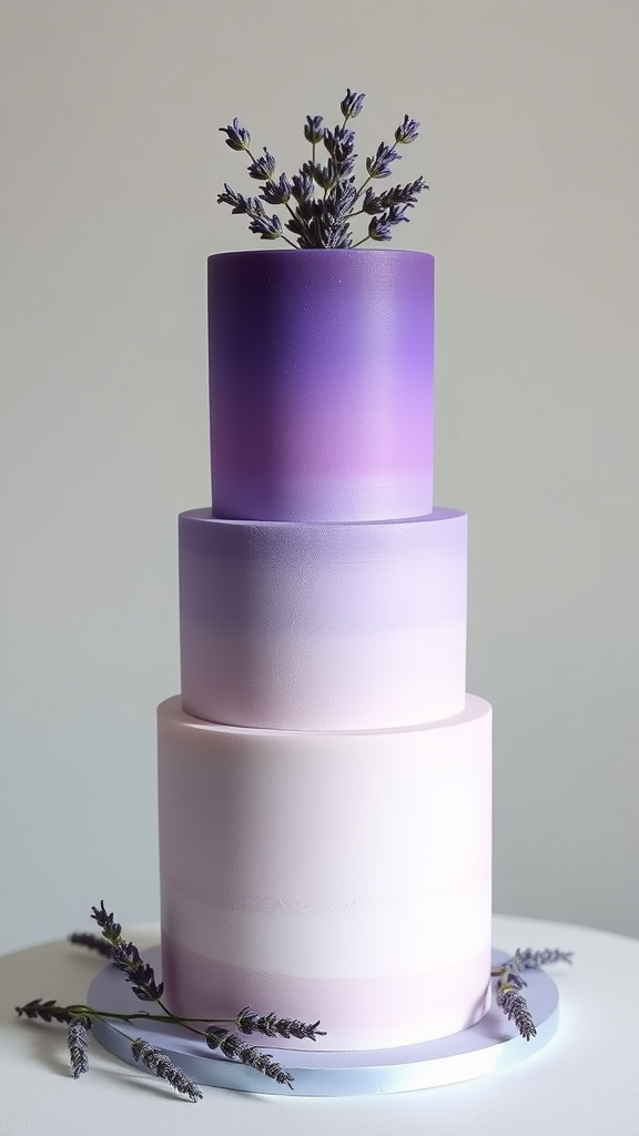 A three-tier cake with a lavender and vanilla ombre design, topped with lavender sprigs.