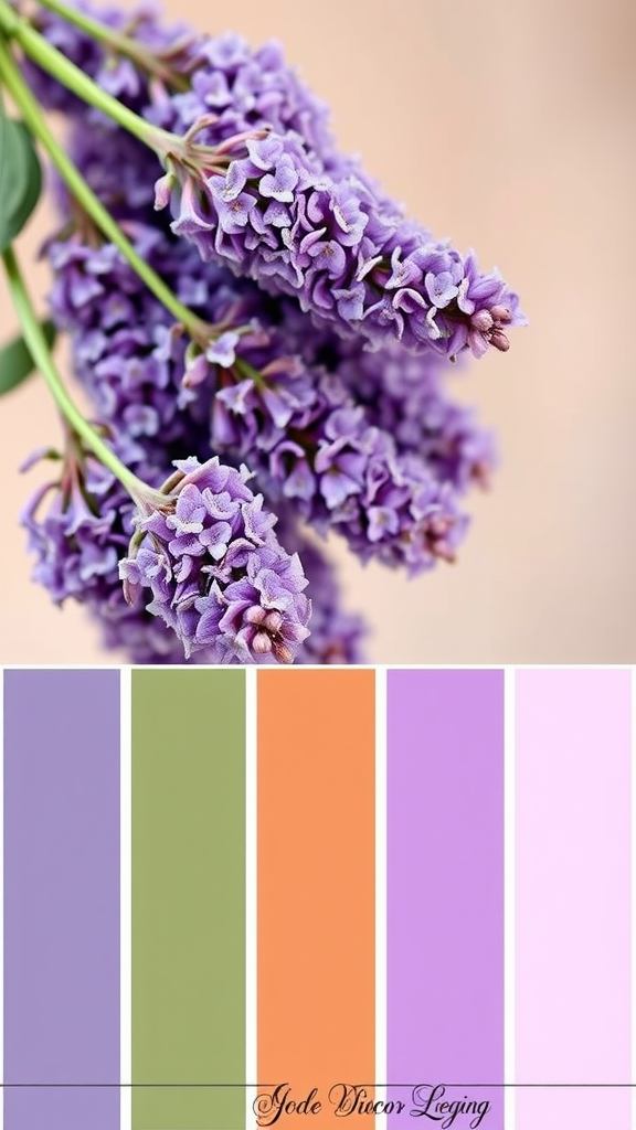 Image showcasing lavender flowers and a color palette featuring shades of lavender.