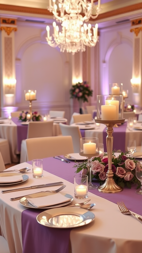 Beautifully arranged reception tables with lavender decor, elegant candles, and floral centerpieces.