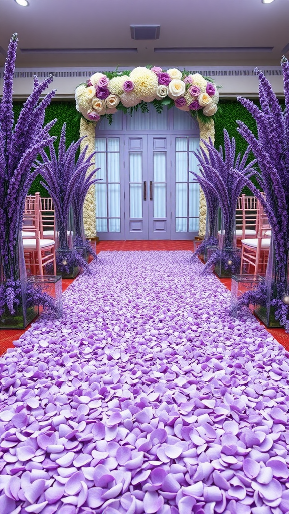 Lavender petal aisle runner with flowers and chairs on either side