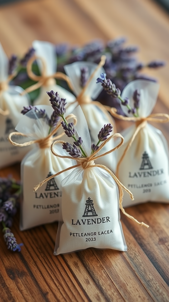 Lavender scented favor bags tied with twine on a wooden table