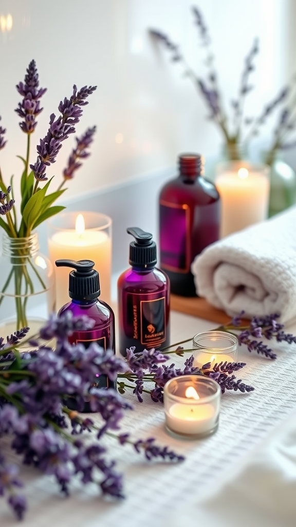 Lavender spa setup with candles and essential oils for a relaxing day