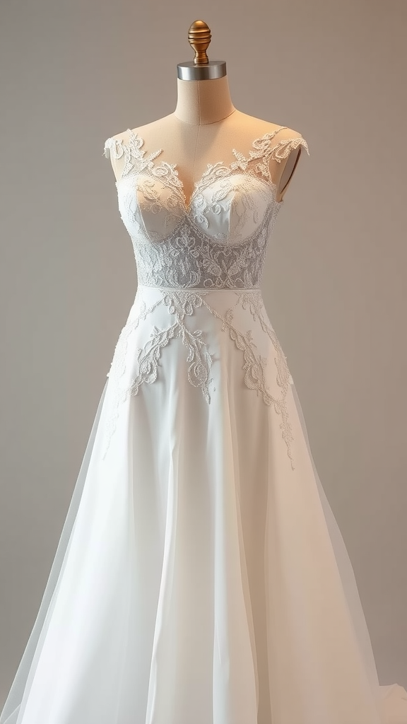 A beautiful wedding dress with intricate lace details and flowing fabric.