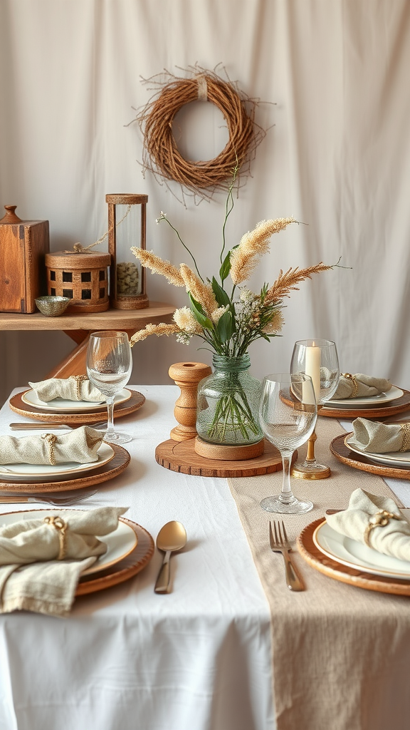 Elegant dining table set with layered textures featuring a flower centerpiece, wooden plates, and a burlap table runner.