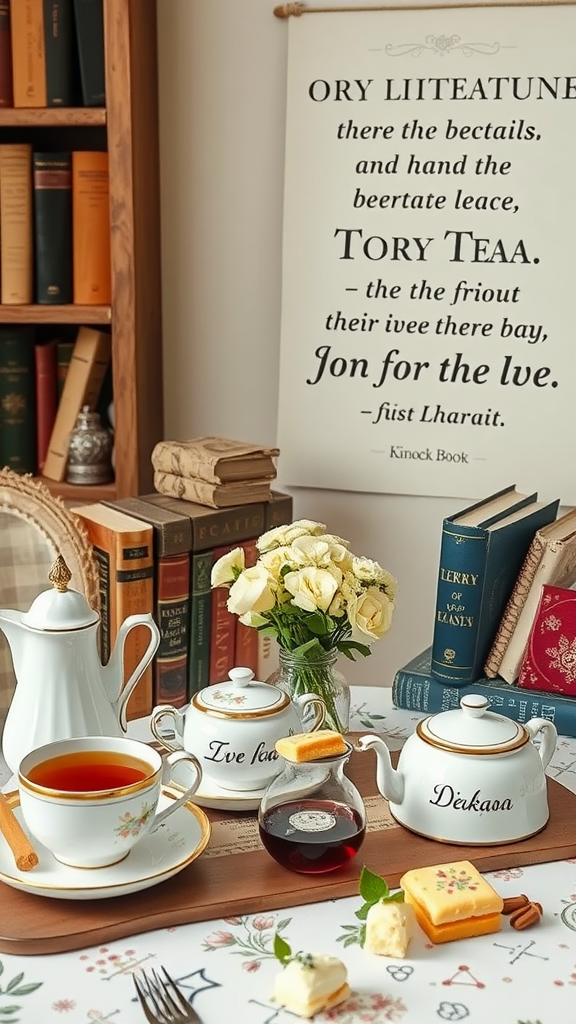 A cozy tea setting with teapots, cups, and a vase of flowers, surrounded by books.