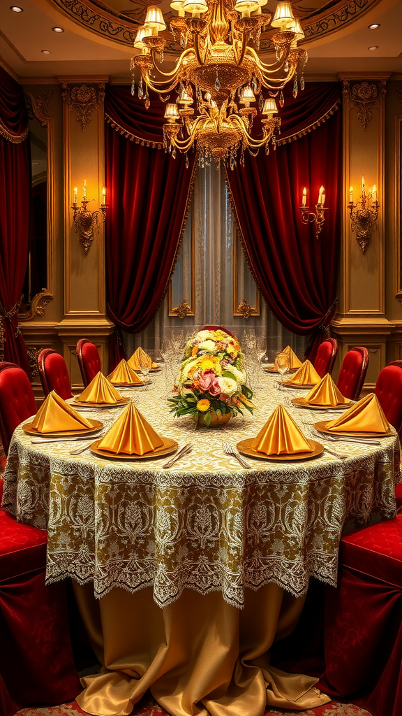 Luxurious dining table set with golden linens and red decor