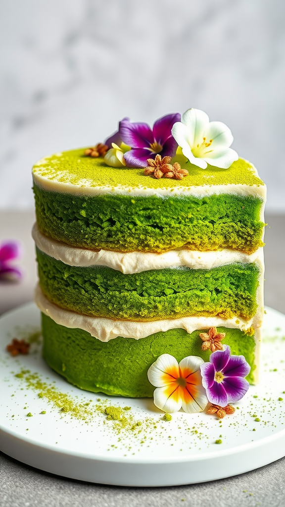 A beautifully decorated matcha green tea cake with edible flowers on top