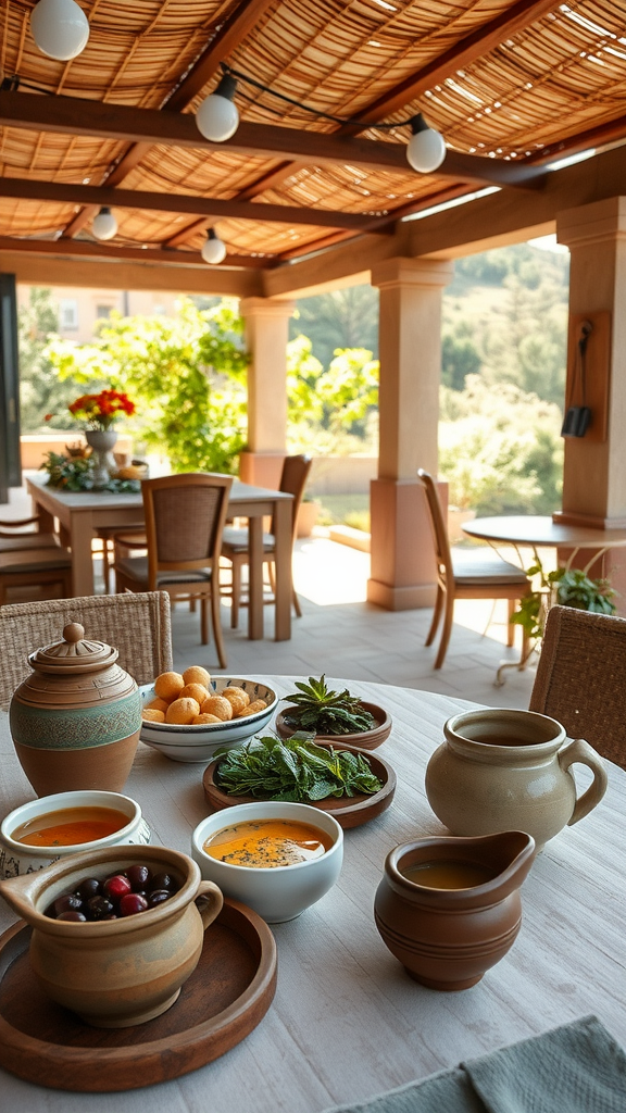 A Mediterranean outdoor tea gathering with various tea pots, herbs, and snacks on a table. Afternoon Tea Theme Ideas