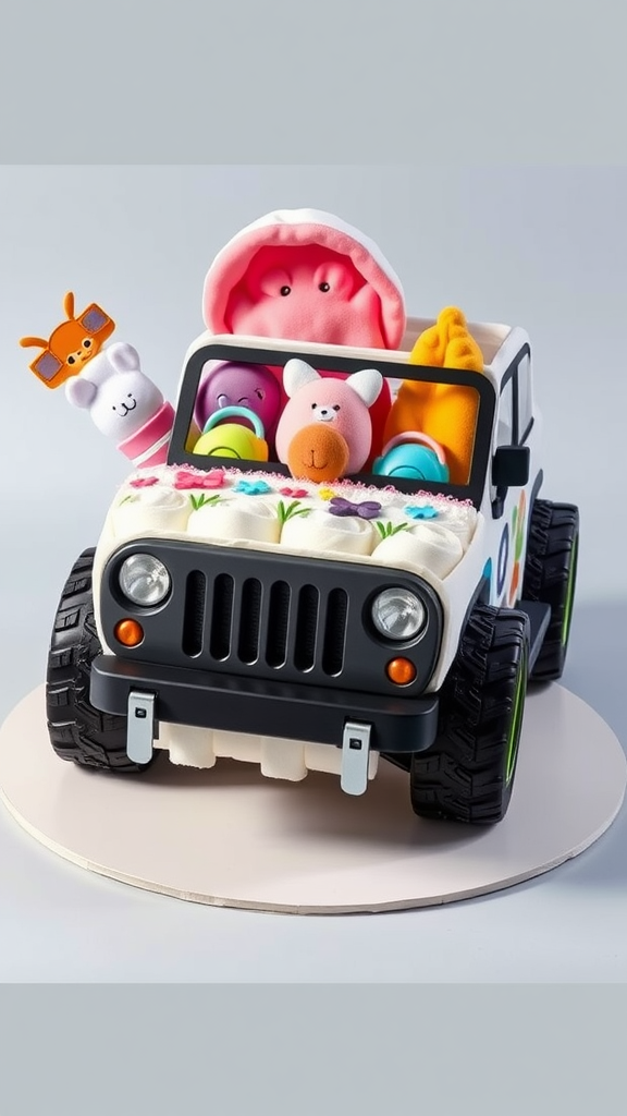 15 Creative Jeep-themed diaper cakes for Jeep Lovers A mini jeep diaper cake decorated with colorful baby items and plush toys.