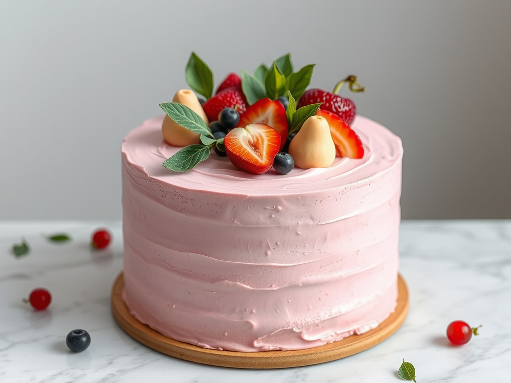 A simple pink cake topped with fresh strawberries, blueberries, and other fruits on a wooden plate.