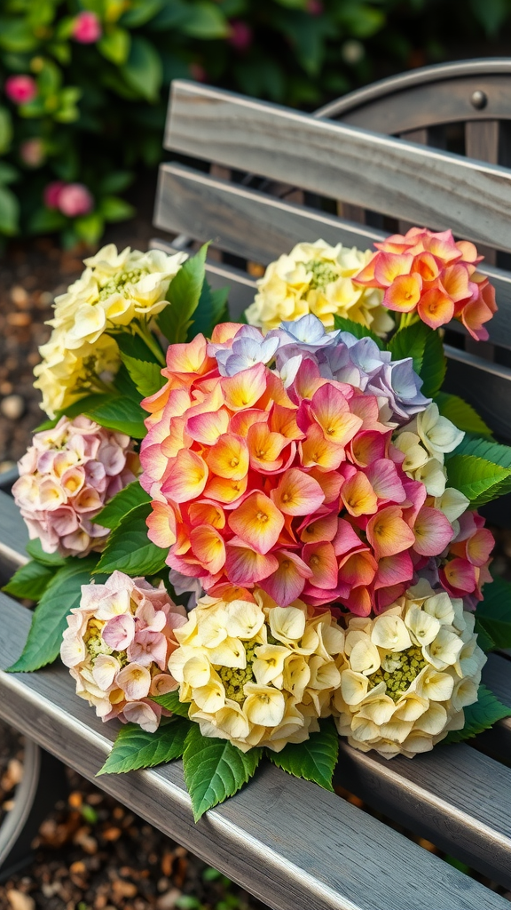 20 Stunning Hydrangea Bouquets for Every Occasion A vibrant mixed hydrangea bouquet featuring various colors on a wooden bench.