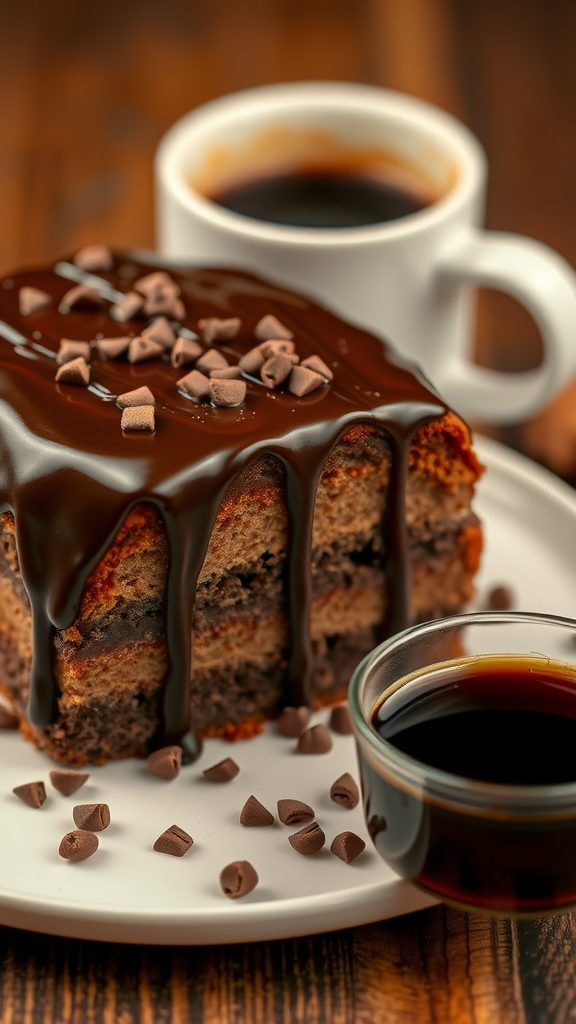 Mocha coffee cake with chocolate drizzle and coffee
