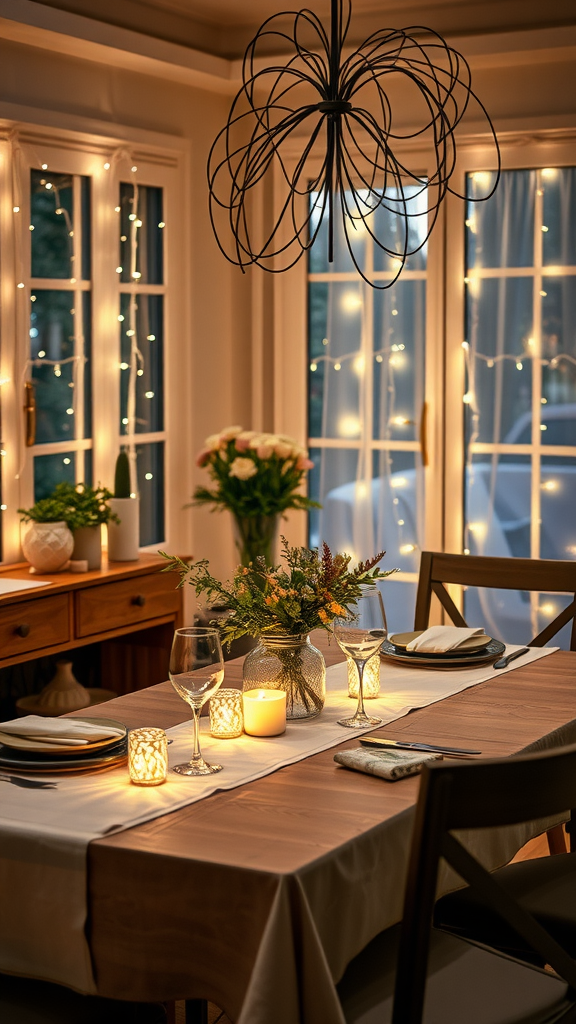 A cozy dining table illuminated by fairy lights with candles and flowers, creating a warm atmosphere.