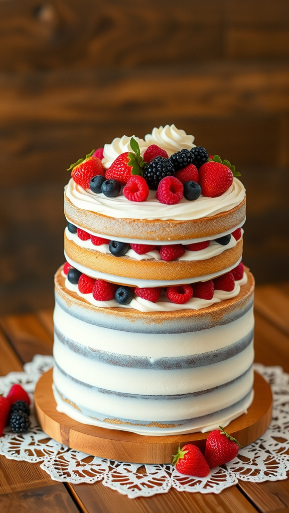 Three-layer naked cake topped with fresh berries on a wooden platform