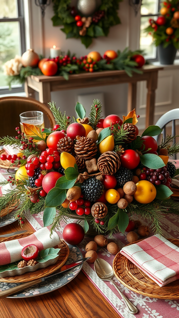 A beautifully arranged centerpiece of fruits and nuts for a festive dining table.