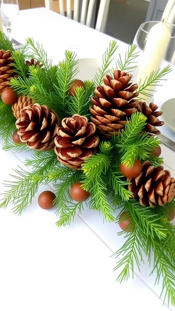 A festive table centerpiece featuring pinecones, green foliage, and decorative brown balls.