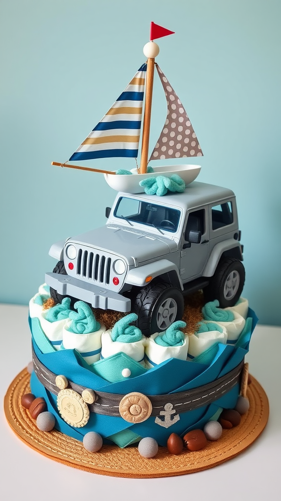 15 Creative Jeep-themed diaper cakes for Jeep Lovers A diaper cake designed like a jeep with a boat sail, decorated with diapers and colorful accents.