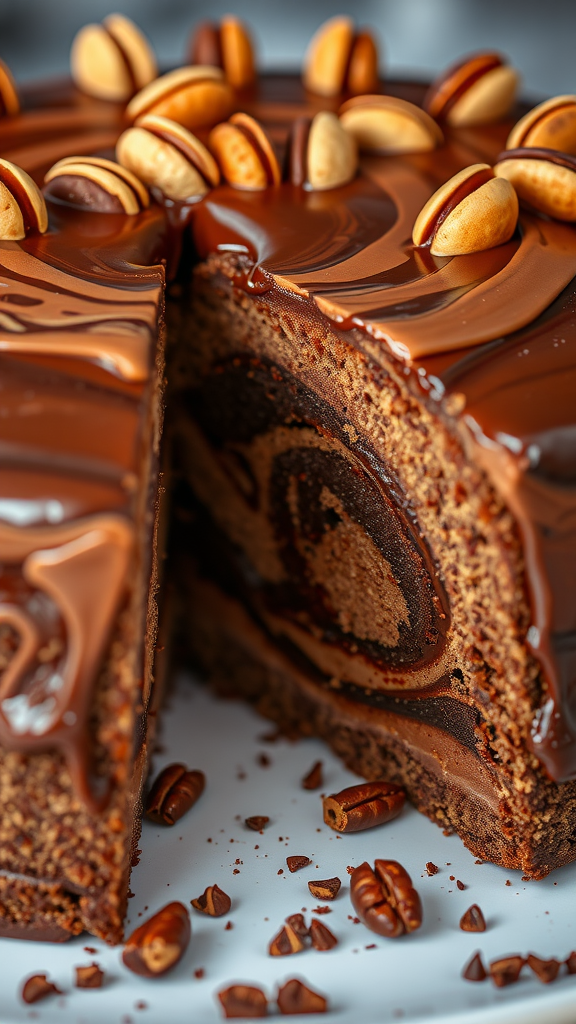 A delicious Nutella Swirl Cake with chocolate glaze and nuts on top, showcasing a rich swirl inside.