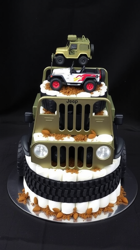 15 Creative Jeep-themed diaper cakes for Jeep Lovers A diaper cake designed like a jeep with toy cars on top.