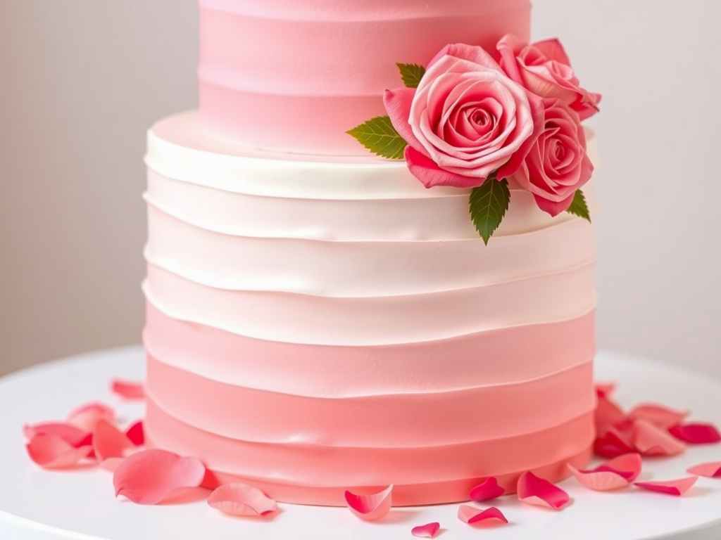A two-tier cake with an ombre pink design, decorated with pink roses and rose petals.