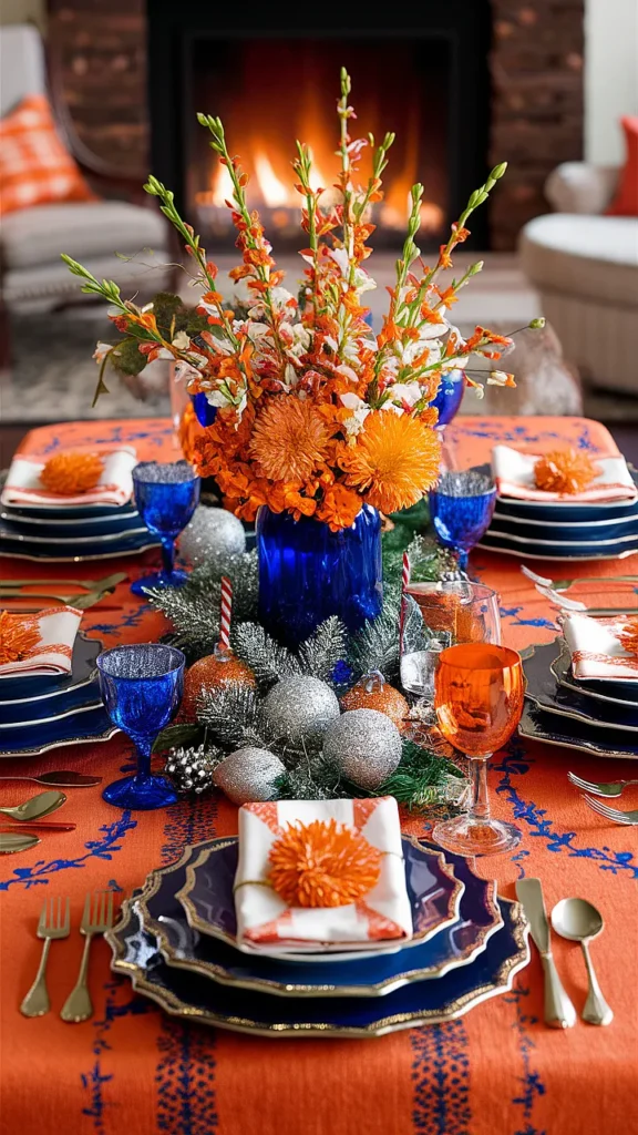 orange and blue christmas table