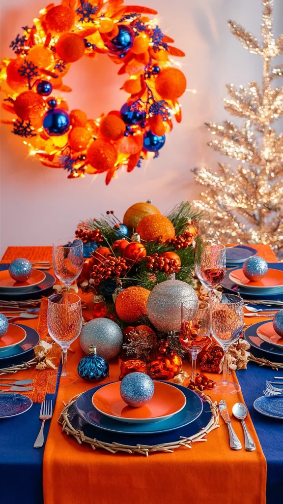 orange and blue christmas table