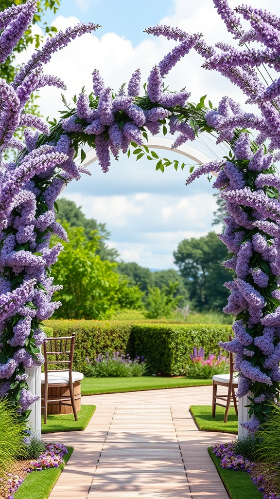 A beautiful outdoor wedding ceremony arch adorned with lavender flowers, leading to a lush garden setting.
