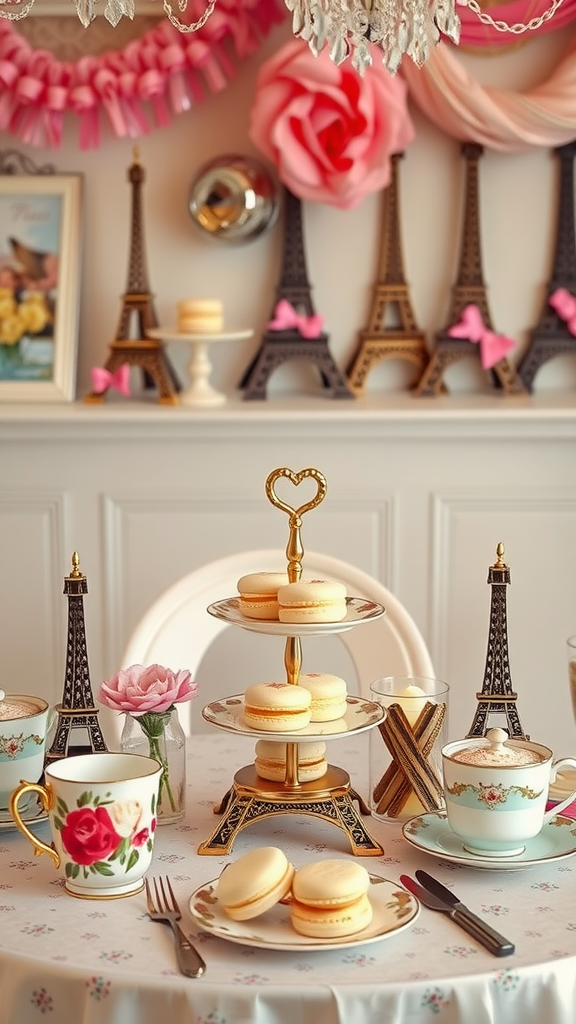 A beautifully arranged tea table with macarons, floral cups, and Eiffel Tower decorations for a Parisian-themed tea party.
